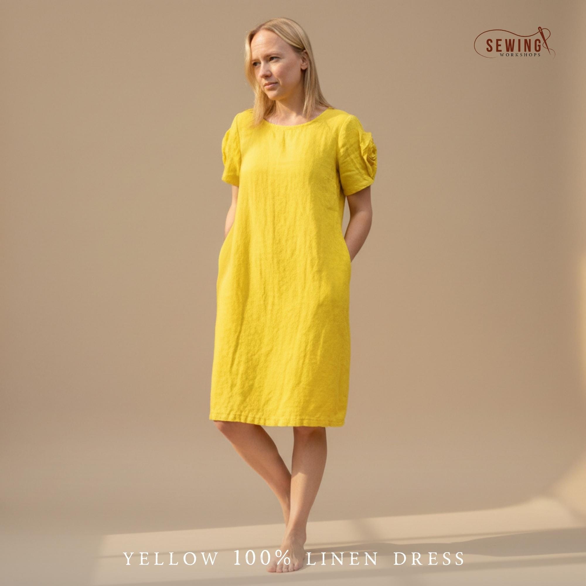 Gelbes Leinenkleid Midi handgemachtes minimalistisches Sommerkleid Damenbekleidung aus Naturfasern