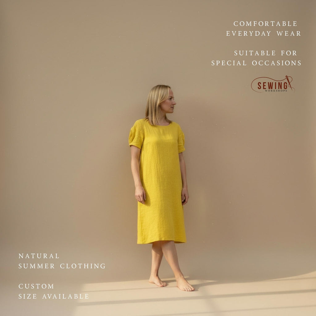 Gelbes Leinenkleid Midi handgemachtes minimalistisches Sommerkleid Damenbekleidung aus Naturfasern