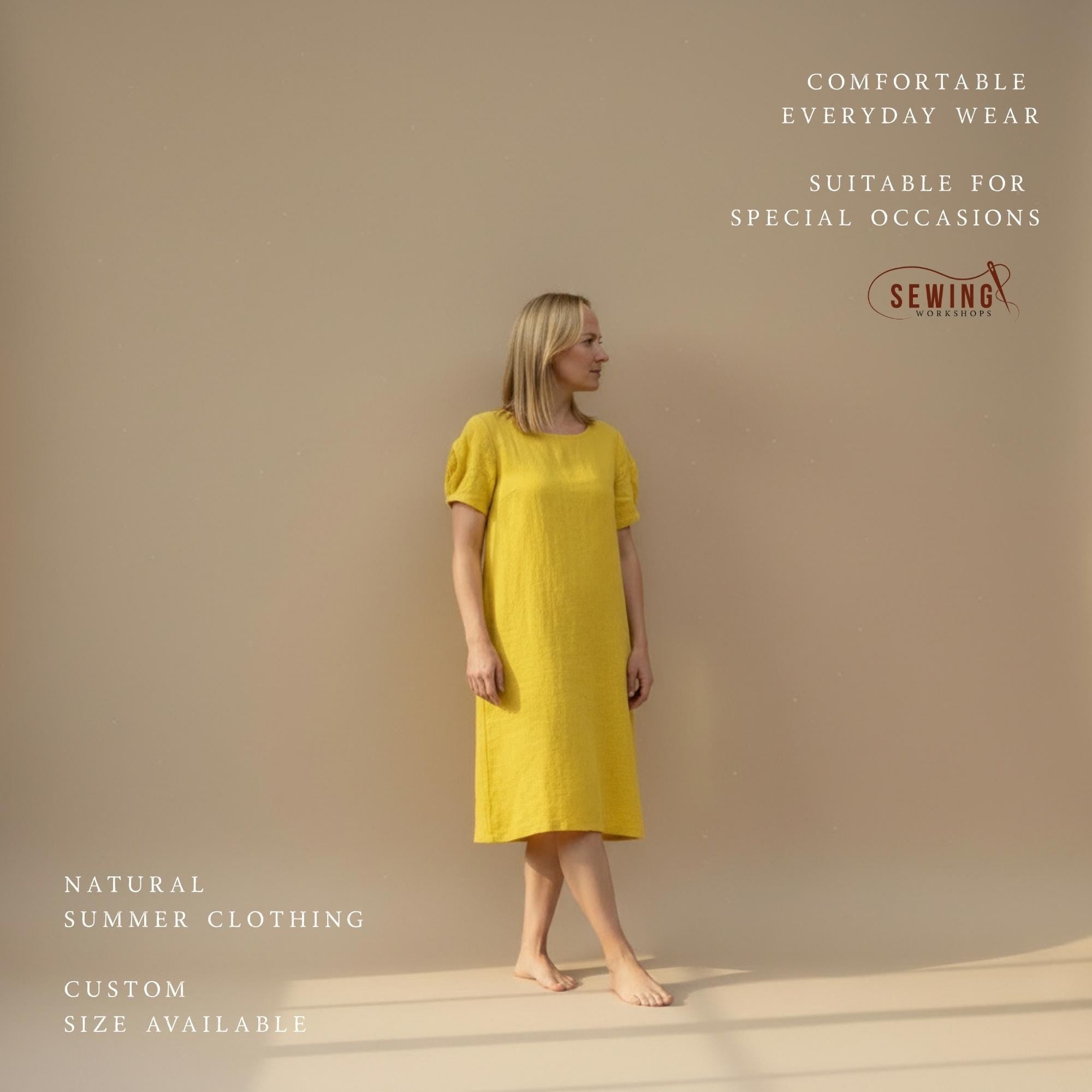 Gelbes Leinenkleid Midi handgemachtes minimalistisches Sommerkleid Damenbekleidung aus Naturfasern