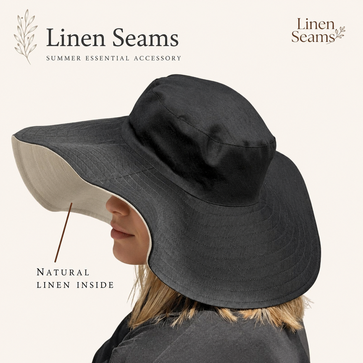 Reversible Linen Sun Hat Wide Brim Black Women Bucket Hat Summer Protection