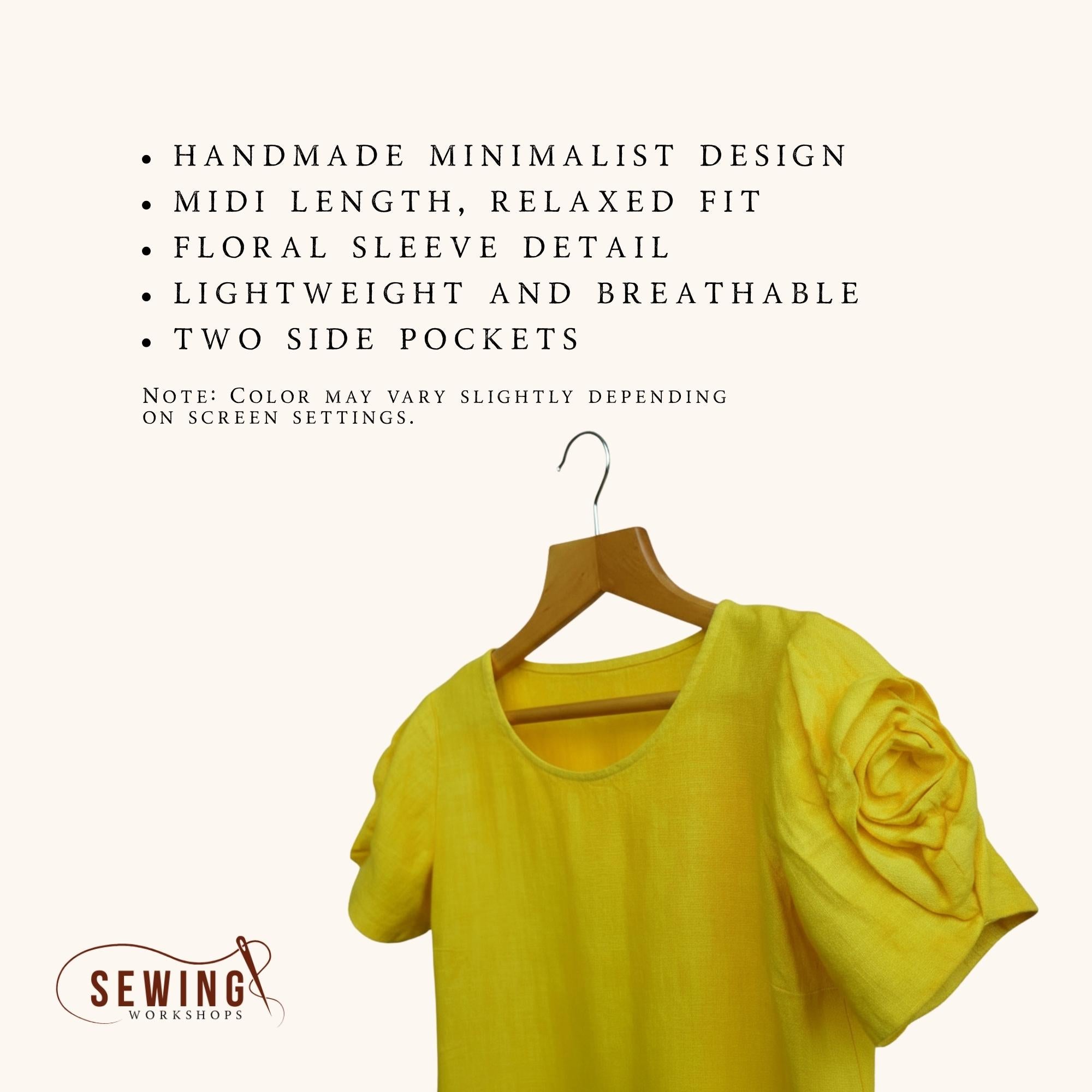 Gelbes Leinenkleid Midi handgemachtes minimalistisches Sommerkleid Damenbekleidung aus Naturfasern