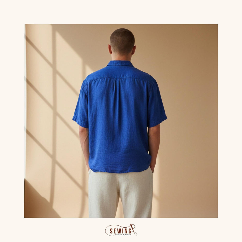 Mėlynų lino marškinių trumpomis rankovėmis nugaros vaizdas