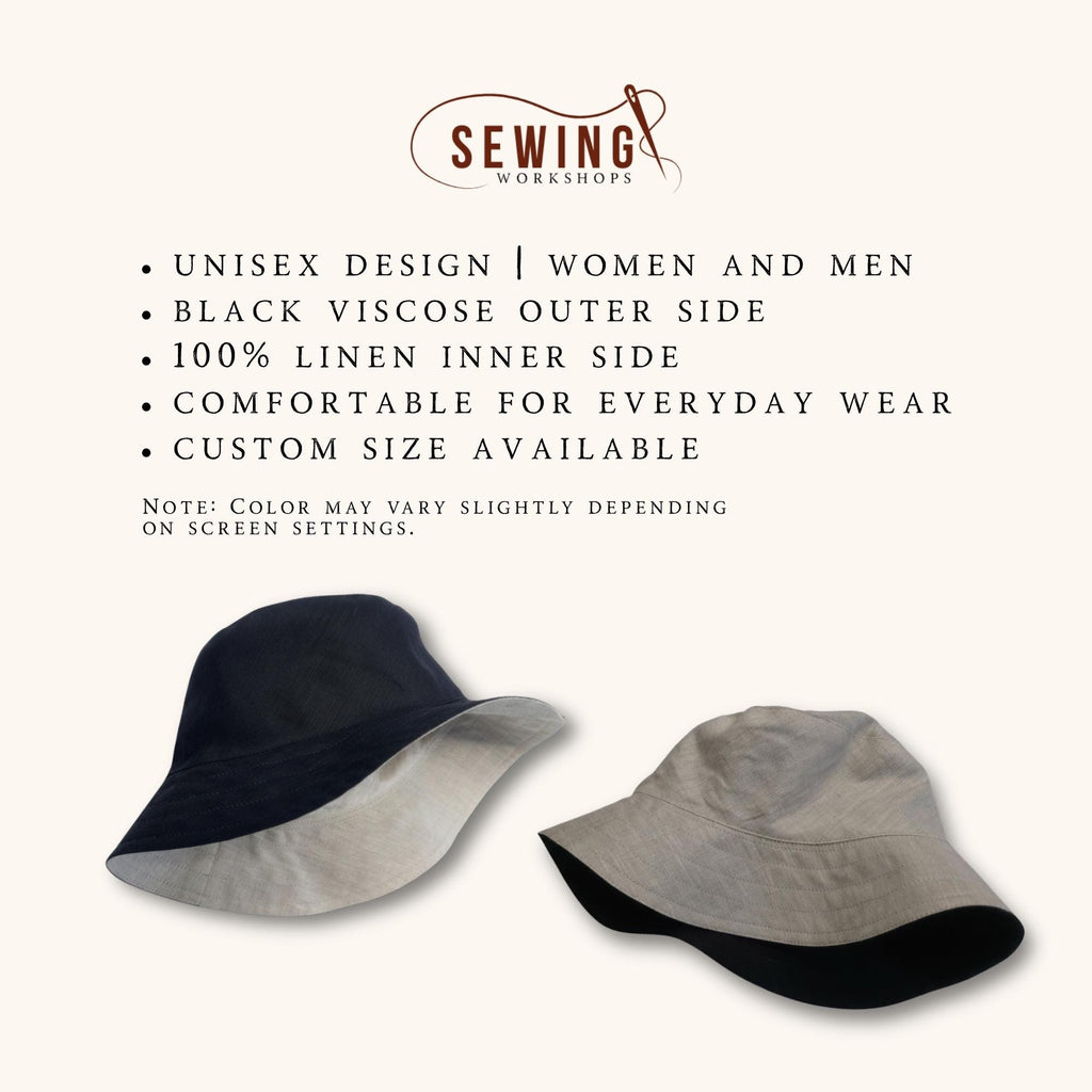 Dvipusio dėvėjimo lininės kepurės grafika su savybėmis: unisex dizainas, juodo audinio išorė, 100 % lino vidus, tinka kasdienai