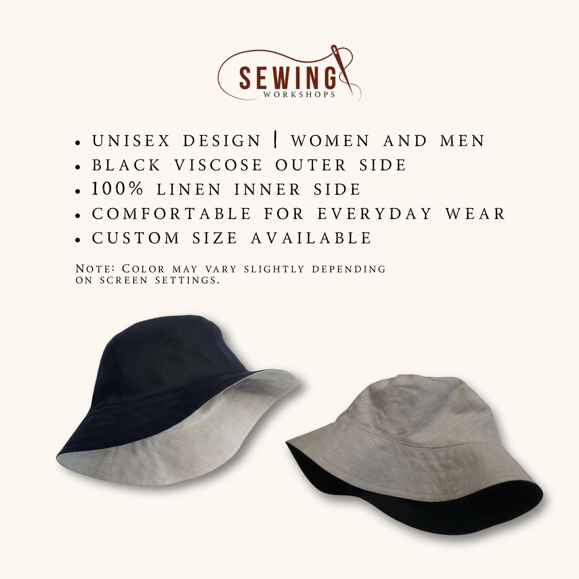 Dvipusio dėvėjimo lininės kepurės grafika su savybėmis: unisex dizainas, juodo audinio išorė, 100 % lino vidus, tinka kasdienai