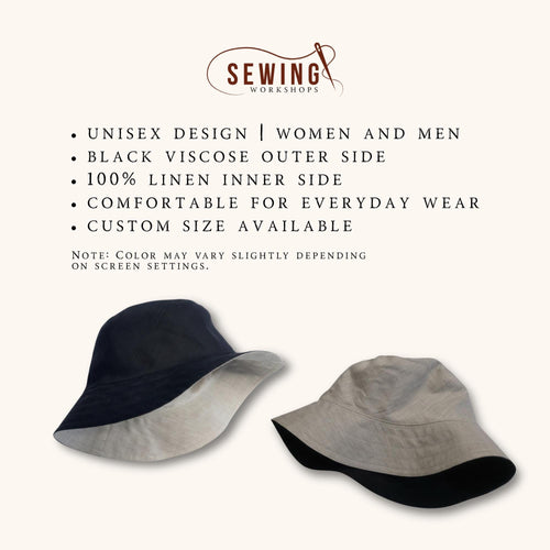 Dvipusio dėvėjimo lininės kepurės grafika su savybėmis: unisex dizainas, juodo audinio išorė, 100 % lino vidus, tinka kasdienai
